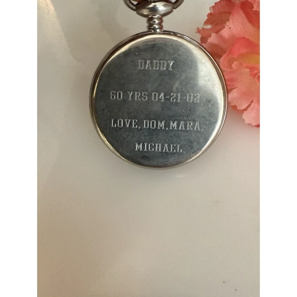 2002 Majesti Pocket‎ Watch with Inscription In Back As is Chain Silver Tone Blue